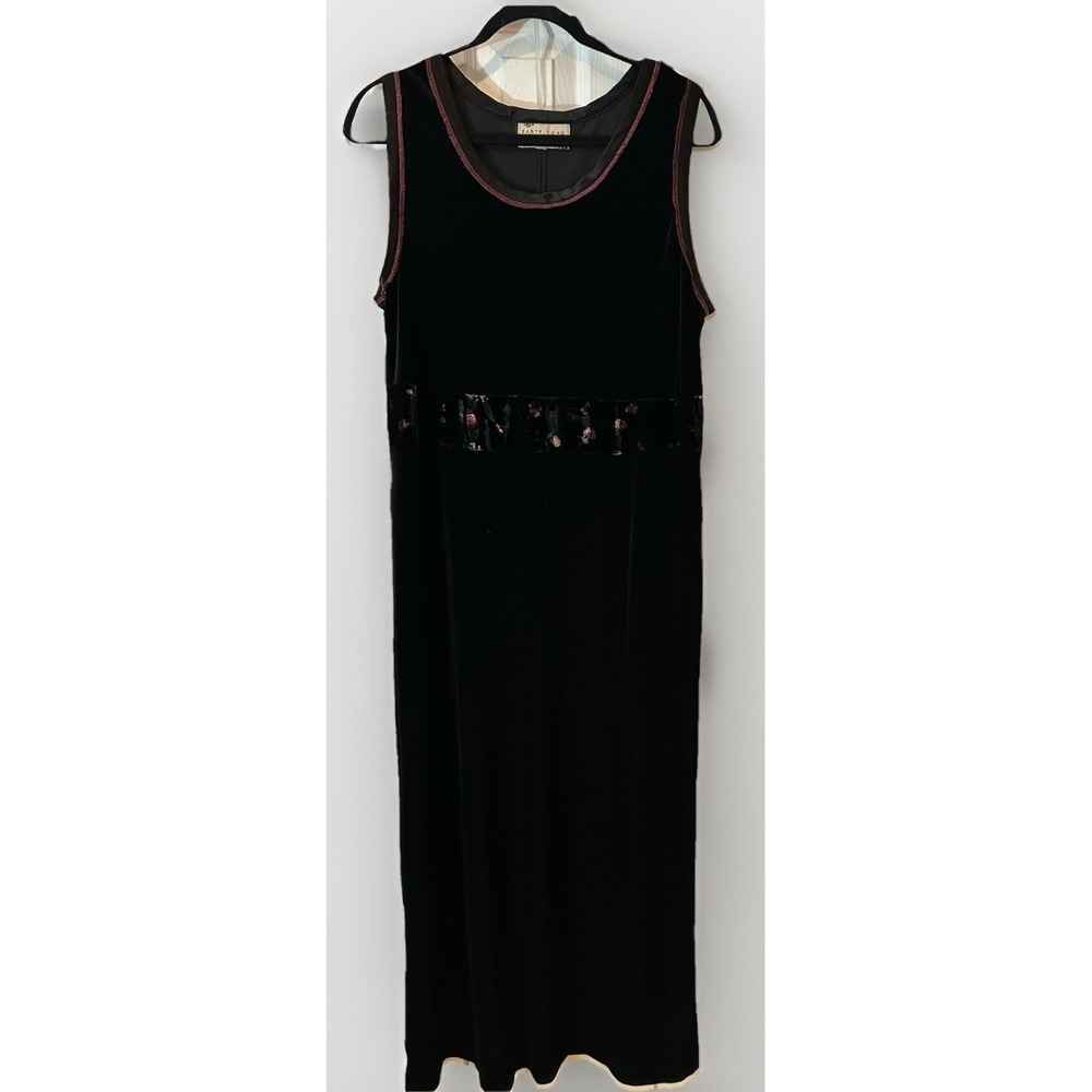 VTG Earth Song Black Velour Maxi Rose Sz 12 Sleeveless Y2K Whimsygoth SzL/XL